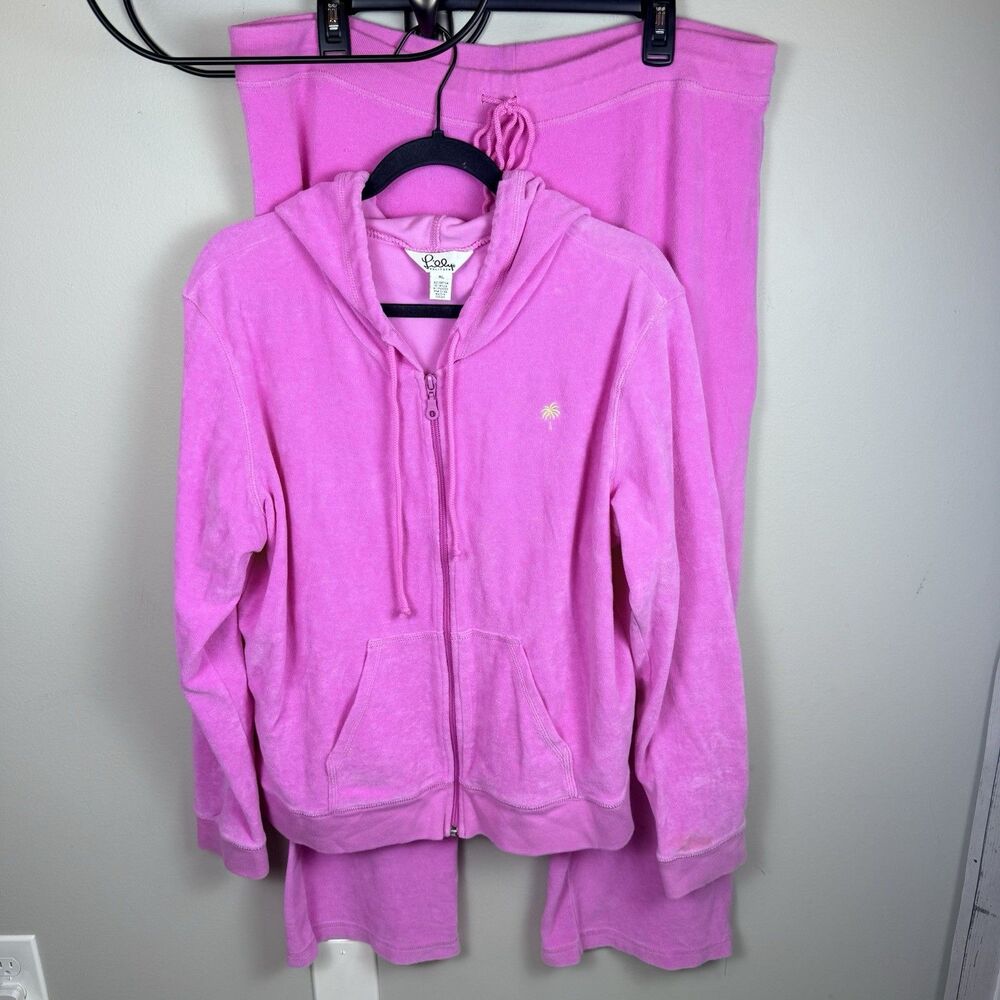VTG Lilly Pulitzer Pink Velour Zip Up Hooded Sweatshirt Pants Womens Set XL YTK